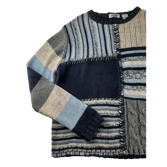 Vintage Paul Harris Women's Blue Cream Striped Mix Knit Chunky Grandpa Sweater L - Picture 2 of 9